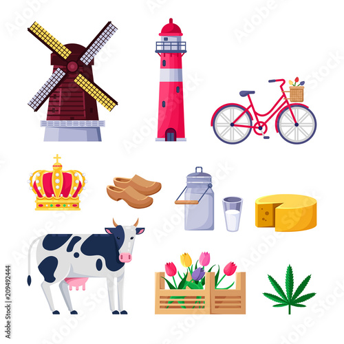 Travel to Holland vector icons and design elements. Netherlands national symbols and landmarks.