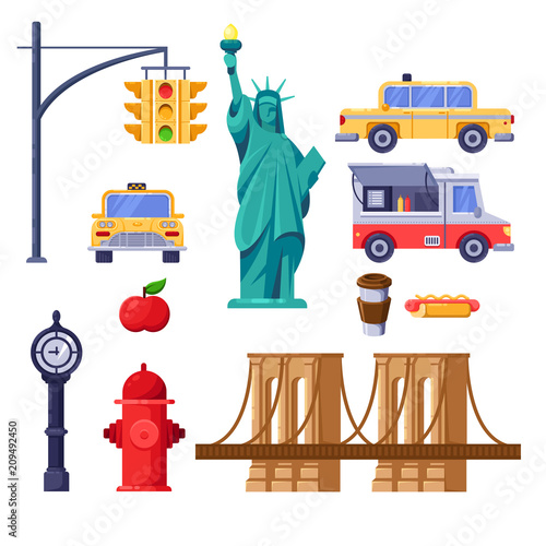 New York city symbols set. Vector travel isolated illustration. Yellow taxi, Statue of Liberty, Brooklyn Bridge icons.