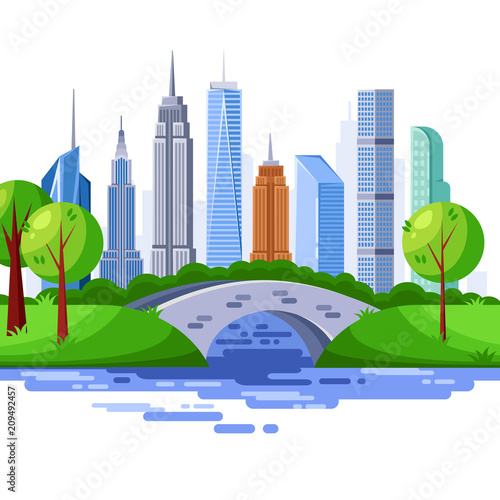New York central park and urban skyscraper buildings. Vector cityscape illustration