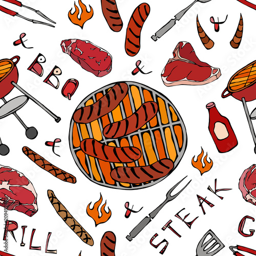 Seamless Pattern of Summer BBQ Grill Party. Big Sausages, Barbeque Grid, Tongs, Fork, Fire, Ketchup. Hand Drawn Vector Illustration. Savoyar Doodle Style.