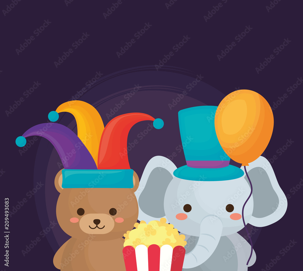 Carnival circus design with cute elephant and bear with pop corn over purple background, colorful design. vector illustration Carnival circus design with cute elephant and bear with pop corn over purple background, colorful design. vector illustration