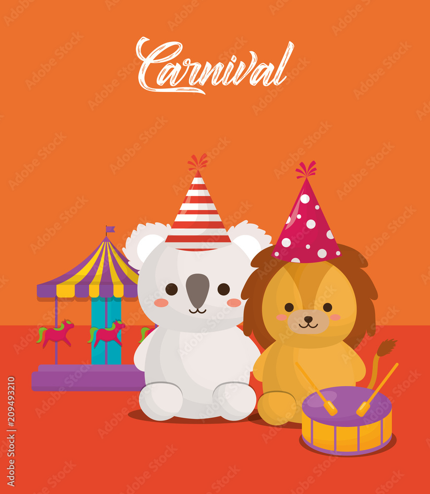 Carnival circus design with cute koala and lion with related icons over orange background, colorful design. vector illustration Carnival circus design with cute koala and lion with related icons over orange background, colorful design. vector illustration