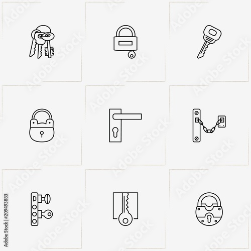 Lock & Key line icon set with door handle , lock and keys
