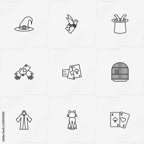 Magic line icon set with witch hat , cloak  and rabbit in hat