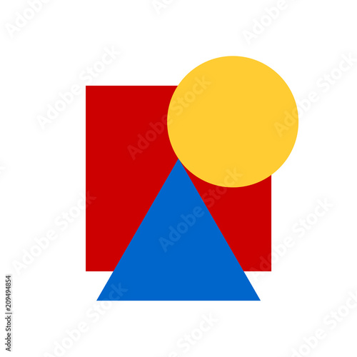 Decorative ornament of geometric shapes. Vector creative geometric composition of 3 primary colors and square, triangle, circle. Illustration of simple shapes and colors for web design, icon, logo. 