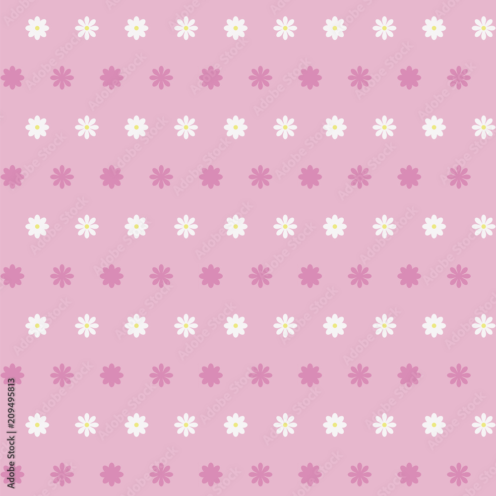 simple pink vector background with white daisies with a yellow middle of two kinds and dark pink shadows contours striped beautiful cute childish girl light