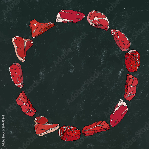Black Board Background and Chalk. Wreath Round Frame of Popular Steak Types.Steak House Restaurant Menu. Hand Drawn Illustration. Savoyar Doodle Style. Porterhouse, T-bone, New York Strip, Rib Eye.