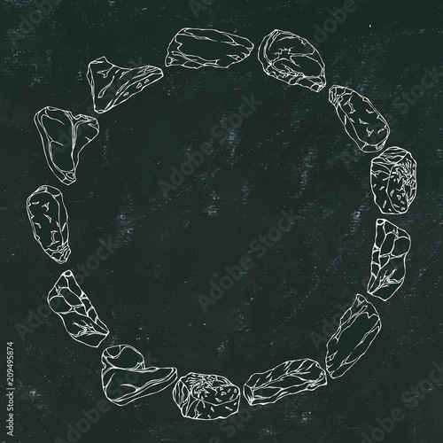 Black Board Background and Chalk. Wreath Round Frame of Popular Steak Types.Steak House Restaurant Menu. Hand Drawn Illustration. Savoyar Doodle Style. Porterhouse, T-bone, New York Strip, Rib Eye.