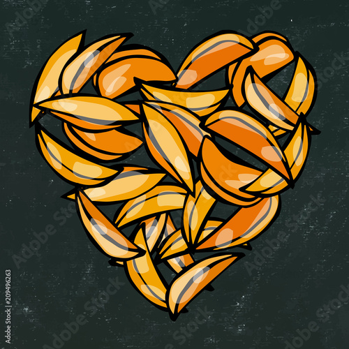 Black Board Background and Chalk. Heart of Potato Wedges Fries. Love Delicious Fried Potatoes Fast Food. Street Junk Food Lover Poster. Hand Drawn Vector Illustration. Savoyar Doodle Style. photo