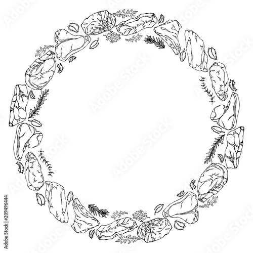 Wreath Round Frame of Popular Steak Types.Steak House Restaurant Menu. Hand Drawn Illustration. Savoyar Doodle Style. Porterhouse, T-bone, New York Strip, Rib Eye.