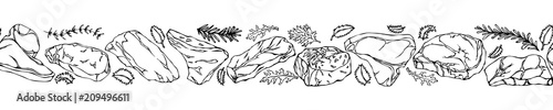Ribbon of of Popular Steak Types.Steak House Restaurant Menu. Hand Drawn Illustration. Savoyar Doodle Style. Porterhouse, T-bone, New York Strip, Rib Eye.