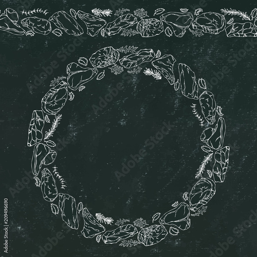 Black Board Background and Chalk. Wreath Round Frame of Popular Steak Types.Steak House Restaurant Menu. Hand Drawn Illustration. Savoyar Doodle Style. Porterhouse, T-bone, New York Strip, Rib Eye.