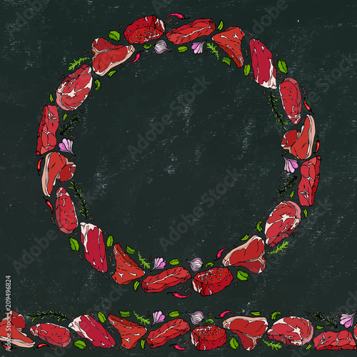 Black Board Background and Chalk. Wreath Round Frame of Popular Steak Types.Steak House Restaurant Menu. Hand Drawn Illustration. Savoyar Doodle Style. Porterhouse, T-bone, New York Strip, Rib Eye.