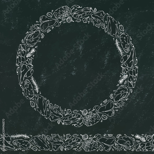 Black Board Background and Chalk. Wreath Round Frame of Popular Steak Types.Steak House Restaurant Menu. Hand Drawn Illustration. Savoyar Doodle Style. Porterhouse, T-bone, New York Strip, Rib Eye.