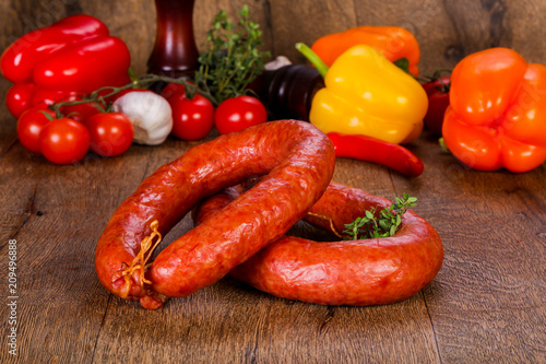 Pork sausages over wooden