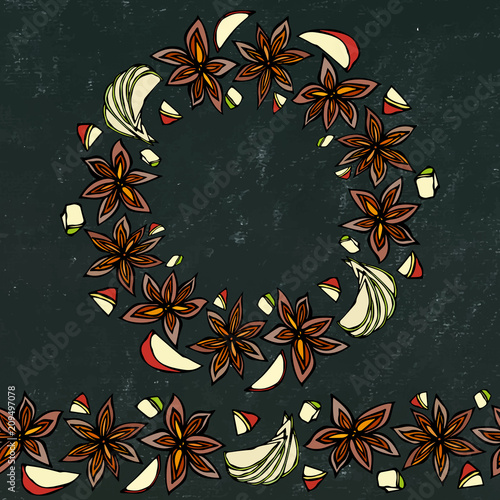 Black Board Background and Chalk. Endless Pattern Brush, Round Garland with with Anise Star Seeds. Molted Wine or Sangria Coctail. Hand Drawn Vector Illustration. Savoyar Doodle Style.