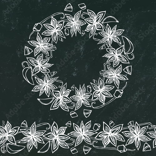 Black Board Background and Chalk. Endless Pattern Brush, Round Garland with with Anise Star Seeds. Molted Wine or Sangria Coctail. Hand Drawn Vector Illustration. Savoyar Doodle Style.