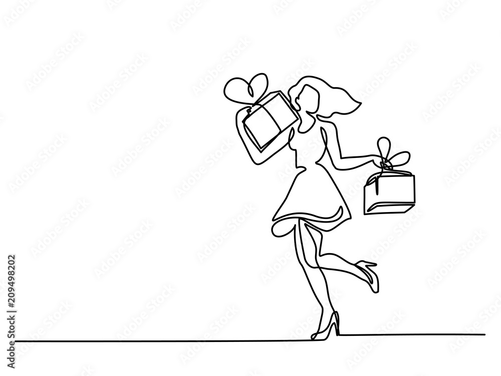 Continuous line drawing. Beautiful woman with box gift. Vector illustration. Concept for logo, card, banner, poster, flyer