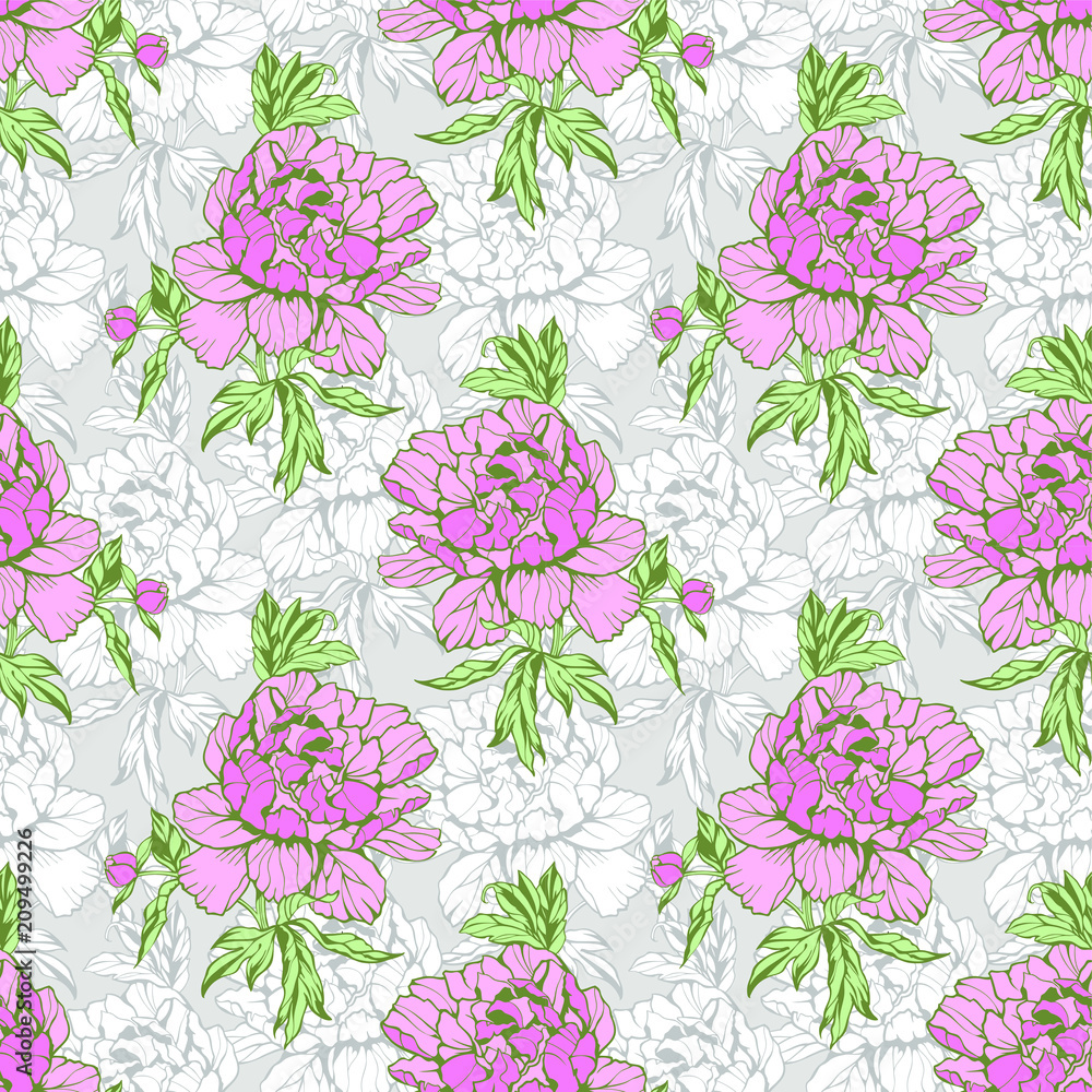 Elegance Seamless pattern with peonies or roses flowers