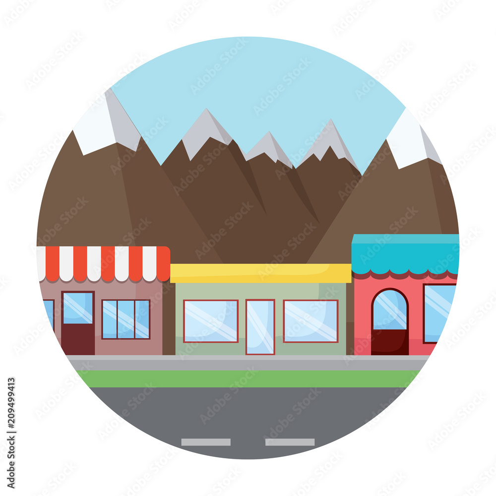 street with stores and buildings over mountains landscape in circular shape over white background, vector illustration