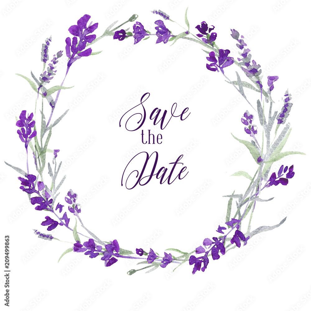 Watecolor lavender delicate floral wreath on white background with message Save the date. Blue flowers and green leaves.. Invitation card design.