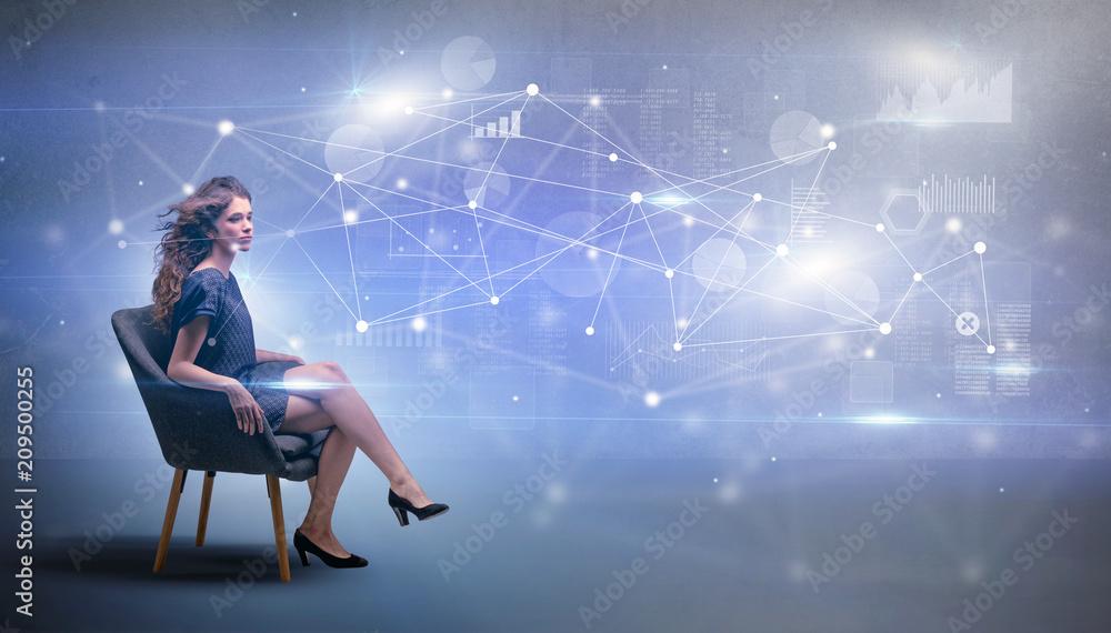 Elegant woman sitting in a sofa with network and connection concept
Elegant woman sitting in a sofa with network and connection concept