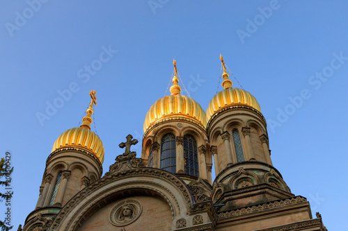 The golden domes of the Russian Orthodox Church of St. Elizabeth in Wiesbaden on the Neroberg