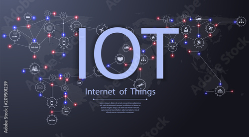 Internet of things (IOT), devices and connectivity concepts on a network, cloud at center. digital circuit board above the planet Earth.