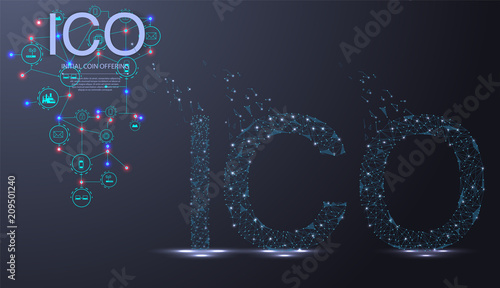 ICO initial coin offering futuristic hud background with world map and blockchain peer to peer network. Global cryptocurrency ICO coin sale event - blockchain business banner concept. photo