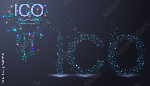 ICO initial coin offering futuristic hud background with world map and blockchain peer to peer network. Global cryptocurrency ICO coin sale event - blockchain business banner concept.