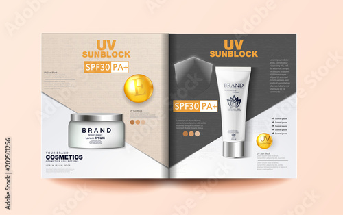 Sunscreen advertising poster Information UV protection. Creamy color cosmetic magazine or catalog template design for commercial uses, 3d illustration