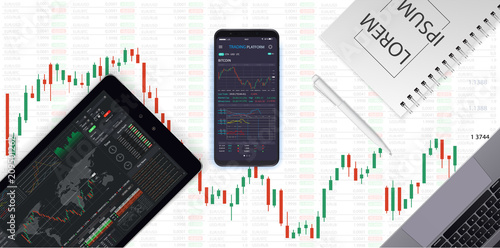 Stock market chart. Business graph on technology background. Forex trading business concept. The chart of the stock market against the background of the laptop, the tablet, a notebook and the handle.