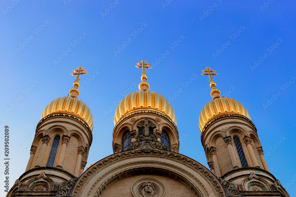 The golden domes of the Russian Orthodox Church of St. Elizabeth in Wiesbaden on the Neroberg