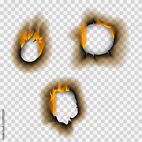 Burnt piece burned faded paper hole realistic fire flame isolated page sheet torn ash vector illustration