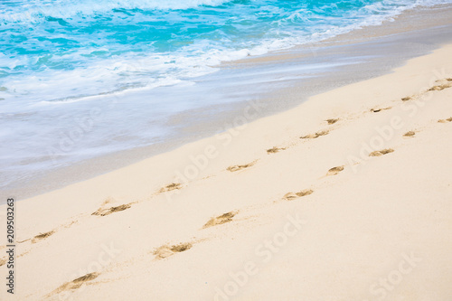 Pair of footprints walking down a white sand beach. 