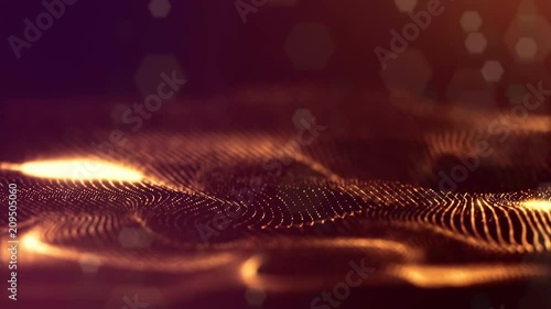 Dark digital abstract background with beautiful glowing particles. 3d render background with particles and depth of field. Loop animation, seamless footage. Red gold strings 1 photo