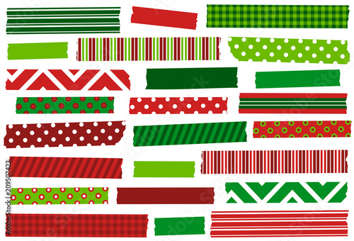 Christmas red and green washi tape strips. Holiday stickers, adhesive strips.