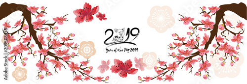 Set Banner Happy new year 2019 greeting card and chinese new year of the pig, Cherry blossom background
