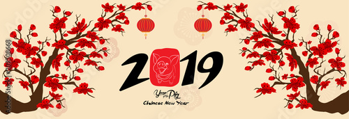 Set Banner Happy new year 2019 greeting card and chinese new year of the pig, Cherry blossom background