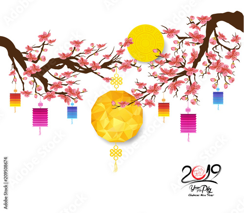 Oriental Chinese New Year 2019 cherry blossom background with polygonal lantern