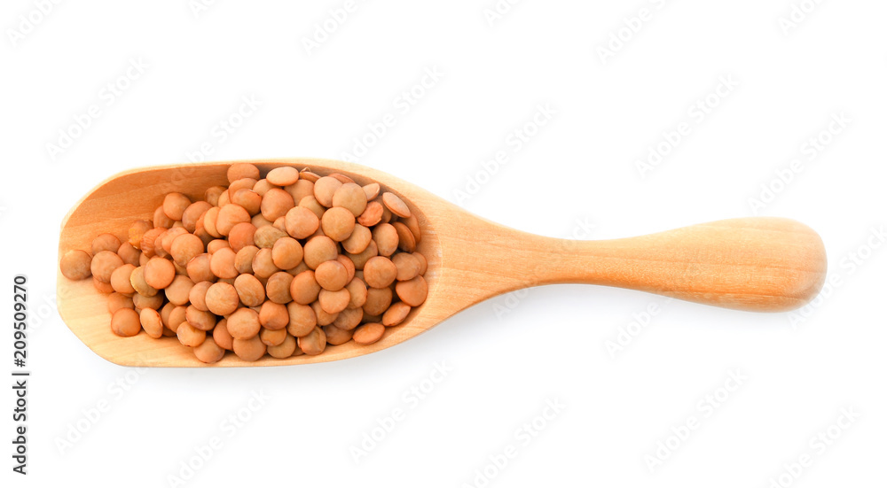Brown Lentils in wood scoop isolated on white background Brown Lentils in wood scoop isolated on white background