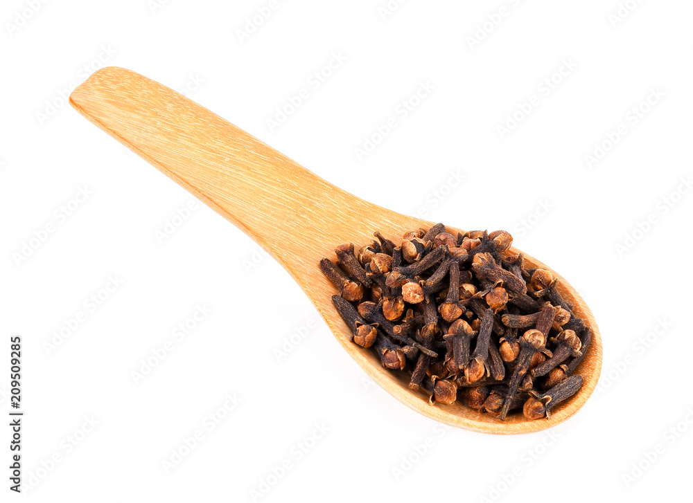 cloves spices on wood spoon isolated on white background cloves spices on wood spoon isolated on white background