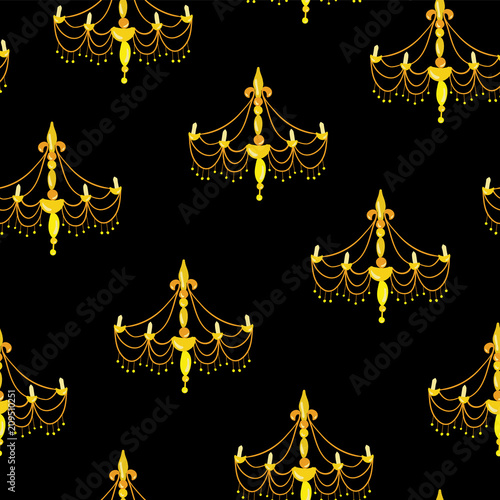 Chandelier silhouettes on a black background. Seamless vector pattern. Great for paper projects, fabric, and wallpaper.