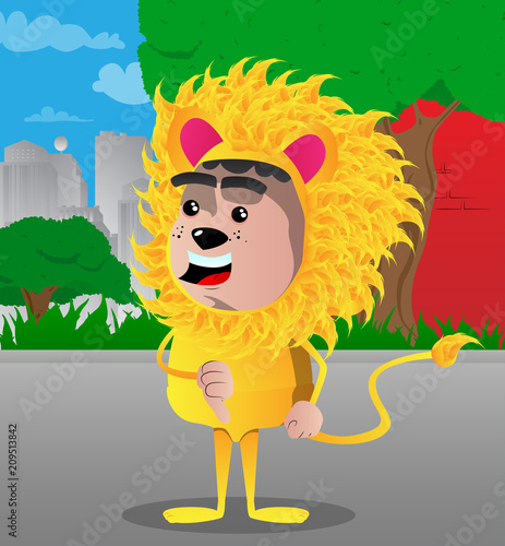 Boy dressed as lion showing dislike hand sign. Vector cartoon character illustration.