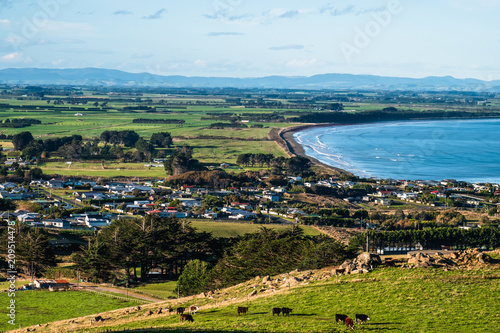 View of Riverton  Southern  New Zealand. Town and agriculture.