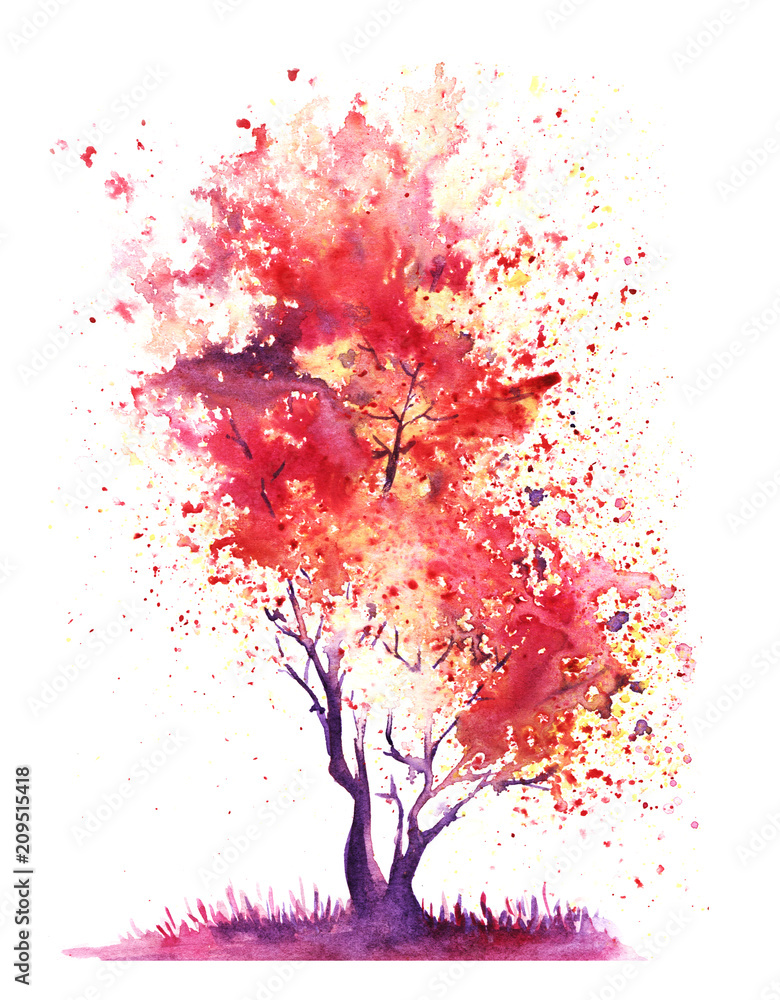 Abstract red tree with a crown of multi-colored splashes. Hand-Drawn Watercolor on a paper Illustration