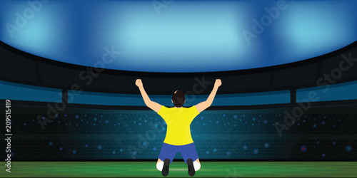 Soccer player celebrating goal on a soccer stadium.