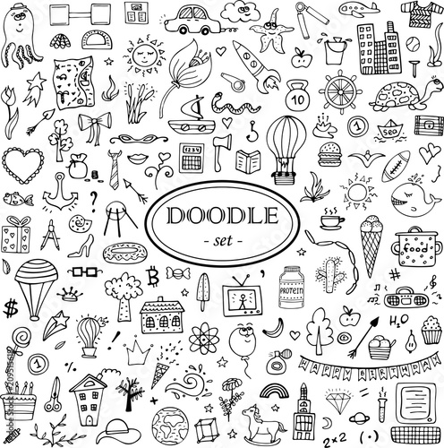 Monochrome hand-drawn doodle set for design. 139 elements.