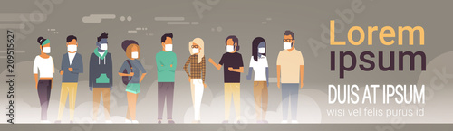 mix race people group in mask over grey smog nature air pollution city landscape atmosphere male female full length copy space banner flat vector illustration