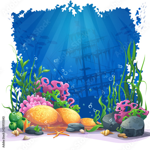 Underwater world with coral reef - vector illustration